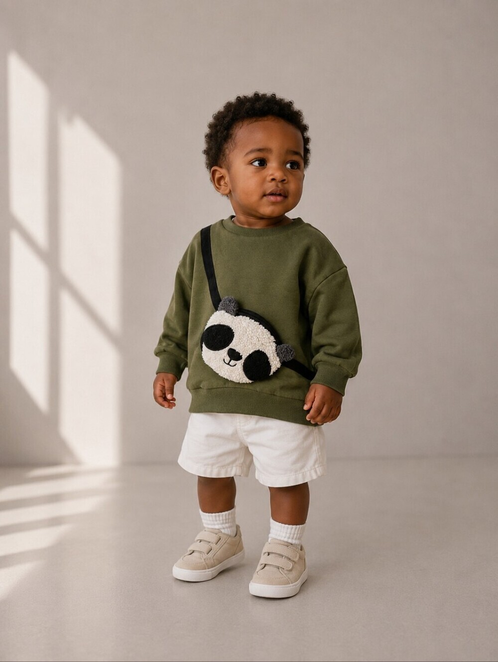 Next Kids Panda Crossbody Sweatshirt Olive Green 1.5-2Y Cozy Pull Over